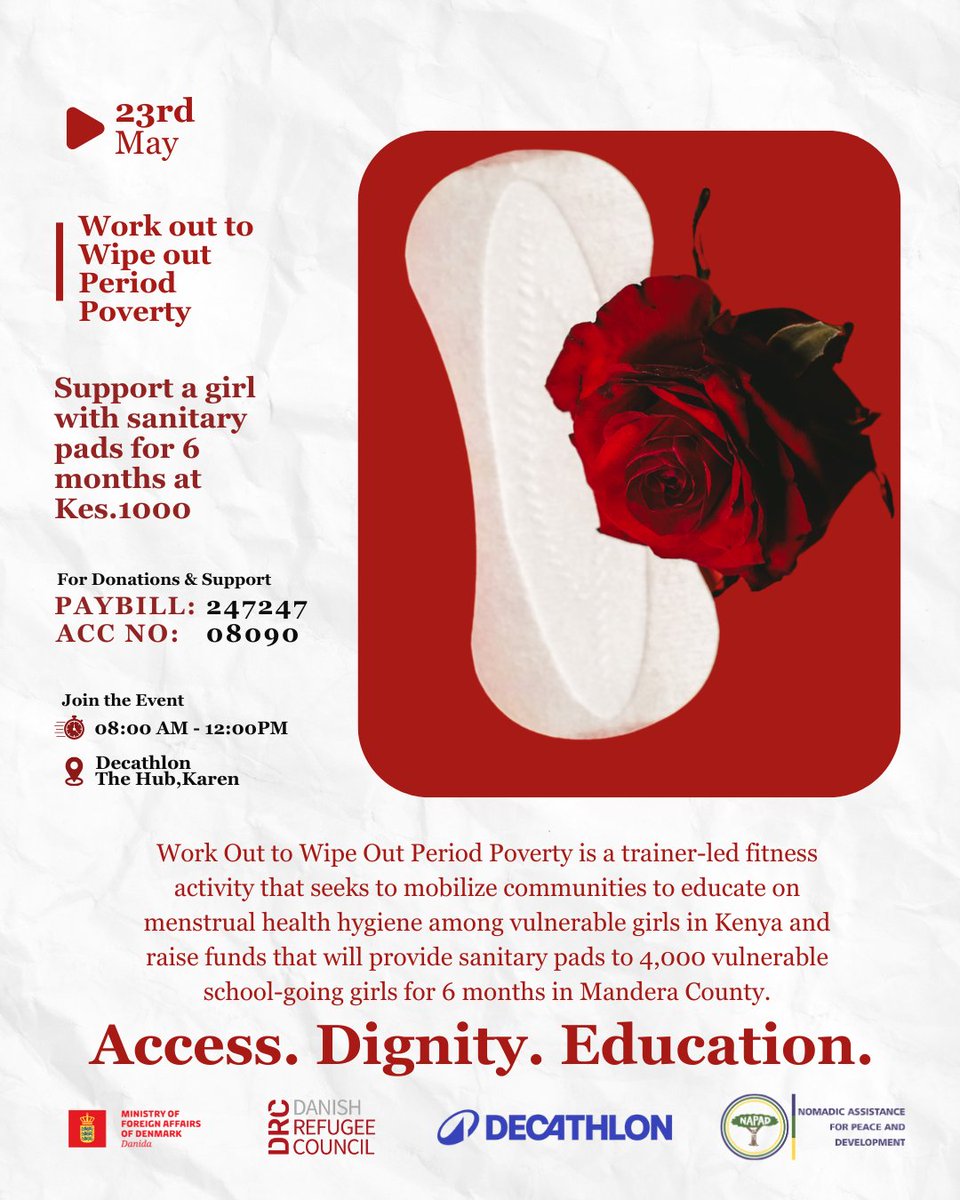 NAPADNGO's tweet photo. She wants to be in class. Period poverty says otherwise. Let's change that. 

This May 23rd, we're working out for a cause close to our hearts, getting sanitary pads to 4,000 vulnerable girls in Mandera County who miss school every month because they simply don't have access to menstrual health products.

📍 Decathlon, The Hub, Karen
📅 23 May
💳 Paybill 247 247 | Acc: 08090

Come sweat with us. Every workout counts. Every shilling counts.

👇 Share this with someone who cares.

#MenstrualHygieneMonth #MHM2026 #PeriodPoverty #GirlsEducation #ManderaCounty  #KeepGirlsInSchool #Workouttowipeoutperiodpoverty