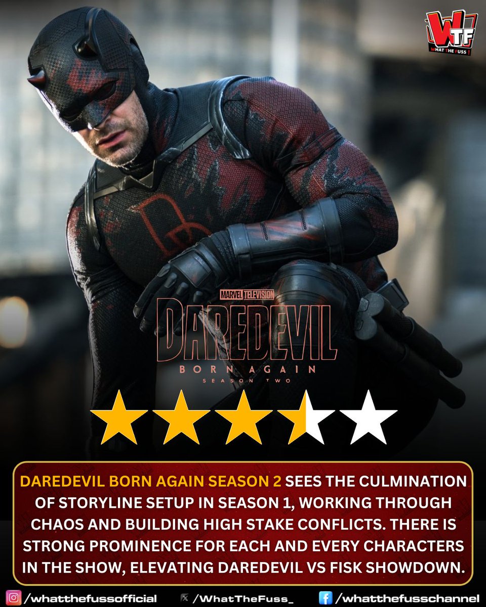 WhatTheFuss_'s tweet photo. #DaredevilBornAgainSeason2 Review: Gripping showdown!

Picks up right from the chaos unleashed in the Season 1 finale, #Daredevil is on a mission to bring down Mayor Fisk. The nice little character arcs, giving prominence to many characters really develops the show. The #Punisher is missing but we have far more than him in Season 2. 

The storyline is simply good, building the tension and it is hard to predict who survives. The conflicts and stakes are too high as the episode progresses, giving dramatic twists at some junctures. There is an equal amount of Daredevil & Counselor Matt, fighting against Wilson Fisk, where the latter elevates the show in the final episodes.

The character developments in the show are brilliantly conceived, a few being PoinDexter, BB, Angela, Heather Glenn, while some get excellent closures as well. The performances are on point and the audience would want to see their return soon. Overall, Daredevil Born Again culminates the 2 series on a brilliant note, paving way for more stories.
