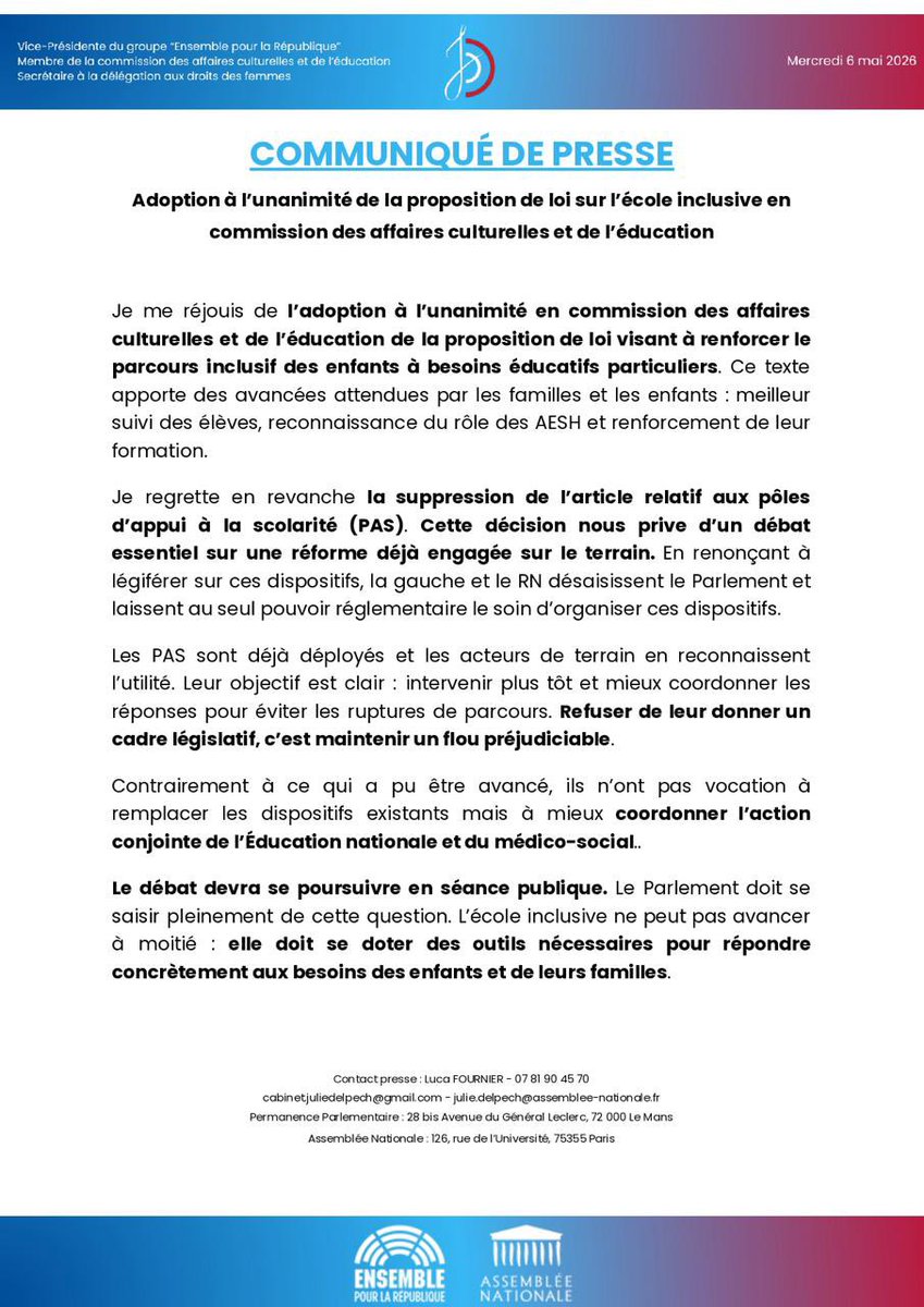 juliedelpech72's tweet photo. ✍️ Communiqué de presse à la suite de l’adoption à l’unanimité de ma proposition de loi visant à renforcer le parcours inclusif des enfants à besoins éducatifs particuliers en commission des affaires culturelles et de l’éducation.

👇 https://t.co/BFOuMZQpxn