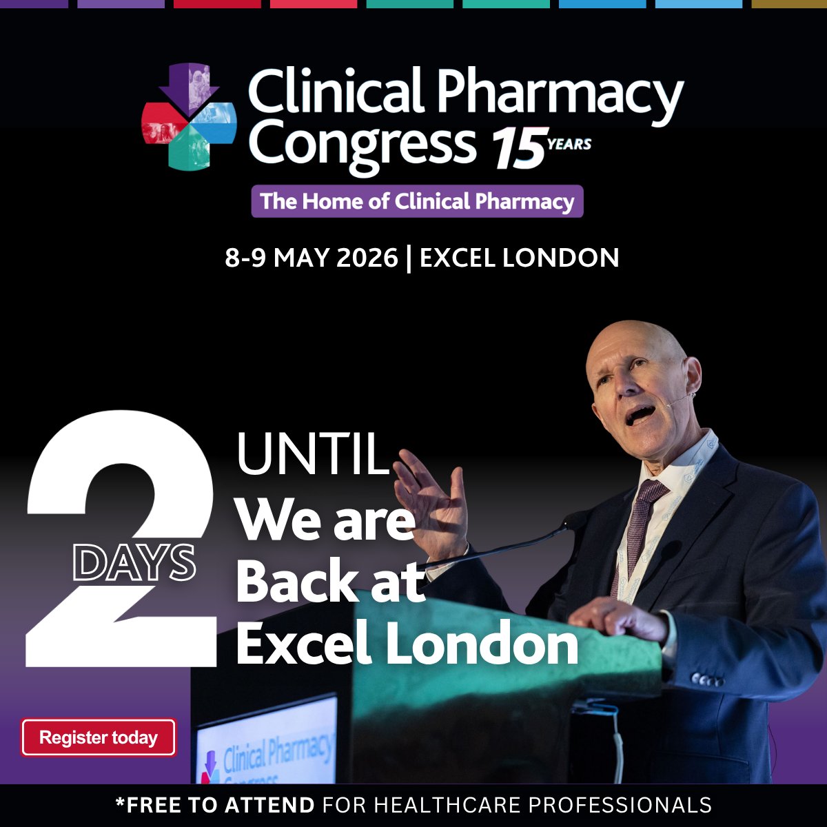 CPCongress's tweet photo. 2 DAYS TO GO. ⏳

The 15th edition of Clinical Pharmacy Congress opensit doors.

Thousands of pharmacy professionals. Two days. One place.

Free delegate passes still available..Online registration closes at 4pm tomorrow.

Secure your place 👇
https://t.co/S2Gei8tThb

#CPCongress https://t.co/aOukz1HiIV