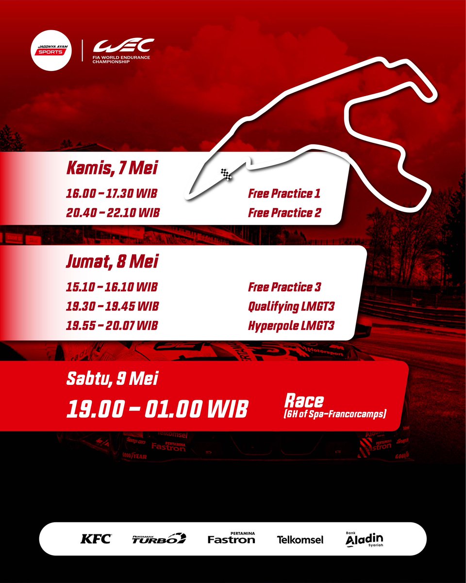 TeamJagonyaAyam's tweet photo. IT’S SPA RACE WEEK 🇧🇪🔥
Round 2 of the FIA WEC is here, and we’re heading to the legendary Spa-Francorchamps 🏁
Jangan lupa catat waktunya dan dukung Team WRT 32 di spa 💪🏻📝
🗓 Race: 9 May 2026
⏰ 19.00 – 01.00 WIB
#WEC #6HoursOfSpa #SpaFrancorchamps #SeanGelael https://t.co/O6DlAMNF04