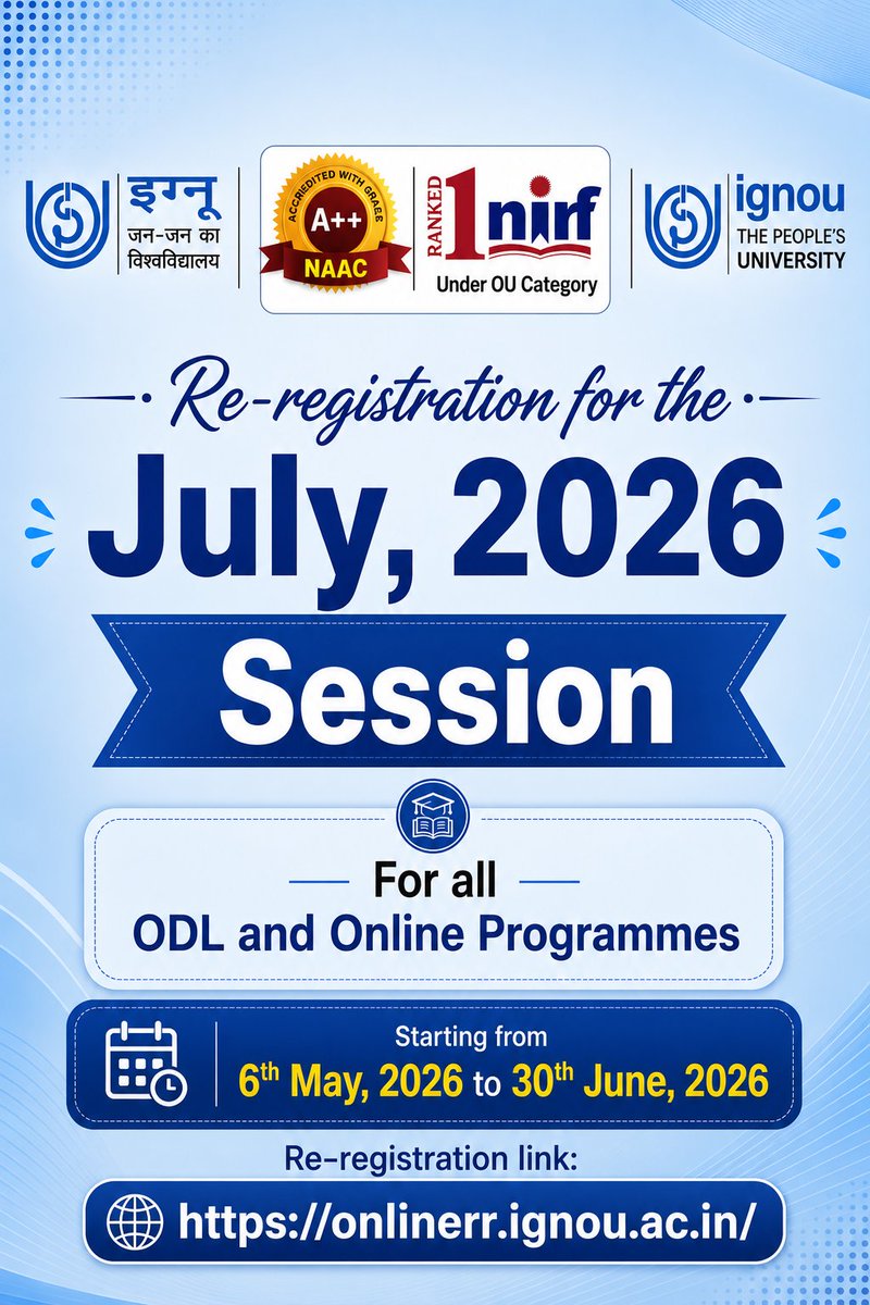 IGNOURCSILIGUR1's tweet photo. Announcement of the commencement of Re-registration for July- 2026 session https://t.co/T2VQo4pj1h