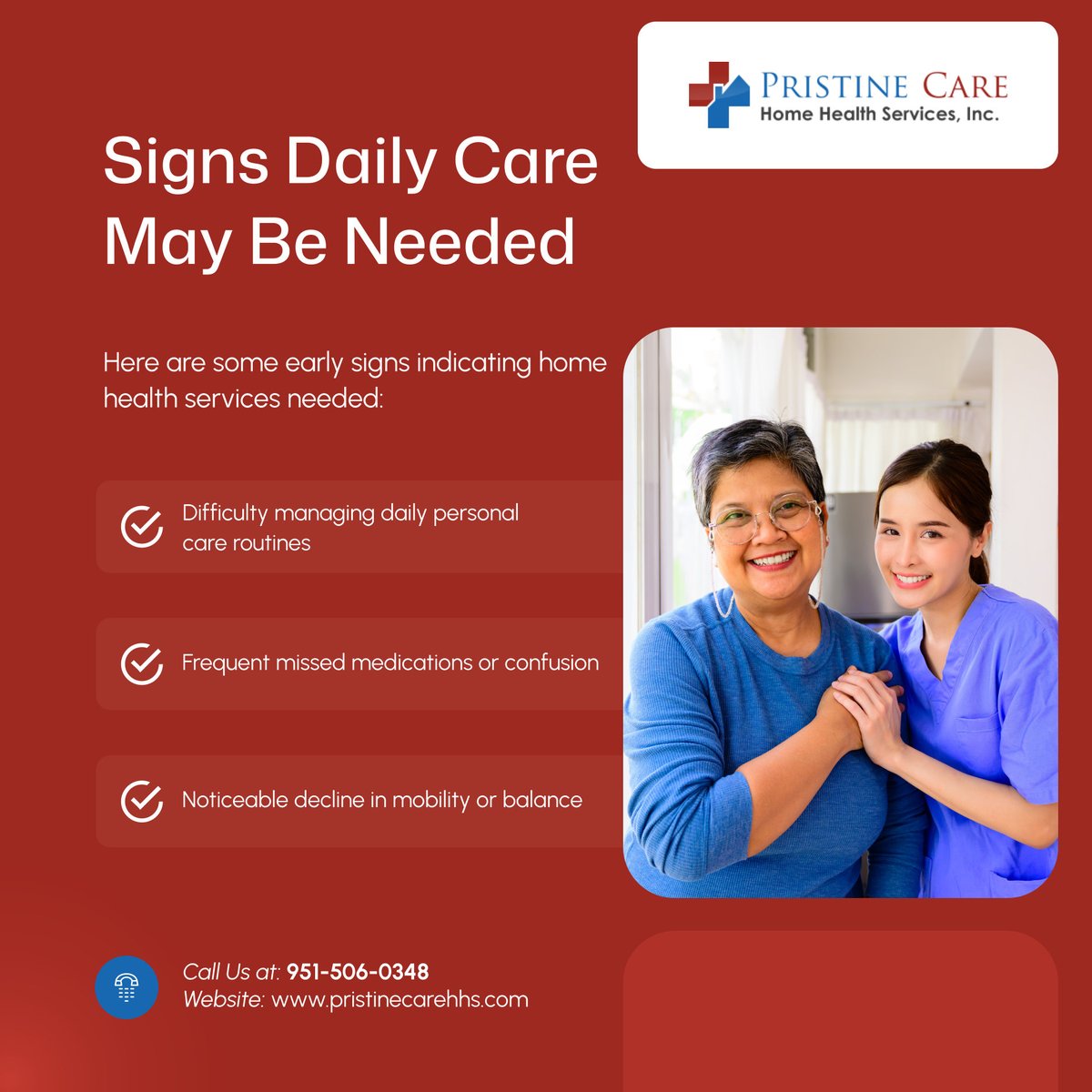 pristinecarehhs's tweet photo. Recognizing early signs helps ensure timely support and better safety at home 🏠🩺💡 Families can act sooner when changes in daily functioning appear. 

#HomeHealthCare #TemeculaCA #CareAwareness #PatientSupport #EarlyIntervention https://t.co/Nou35bP52M