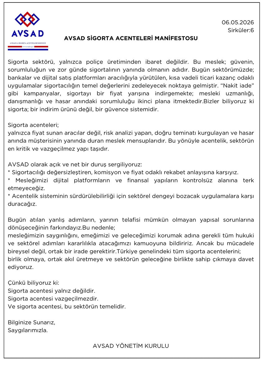 avsadorgtr's tweet photo. 06.05.2026
Sirküler:6

AVSAD Manifestosu;

Sigortacılığın sadece bir fiyat değil, bir güven meselesi olduğunu hatırlatıyoruz.

Bilginize Sunarız,
Saygılarımızla.
-AVSAD Yönetim Kurulu

#SigortaAcentesi #AVSAD #Sigortacılık #Manifesto #SektörünTemeli https://t.co/KRgrITW55H