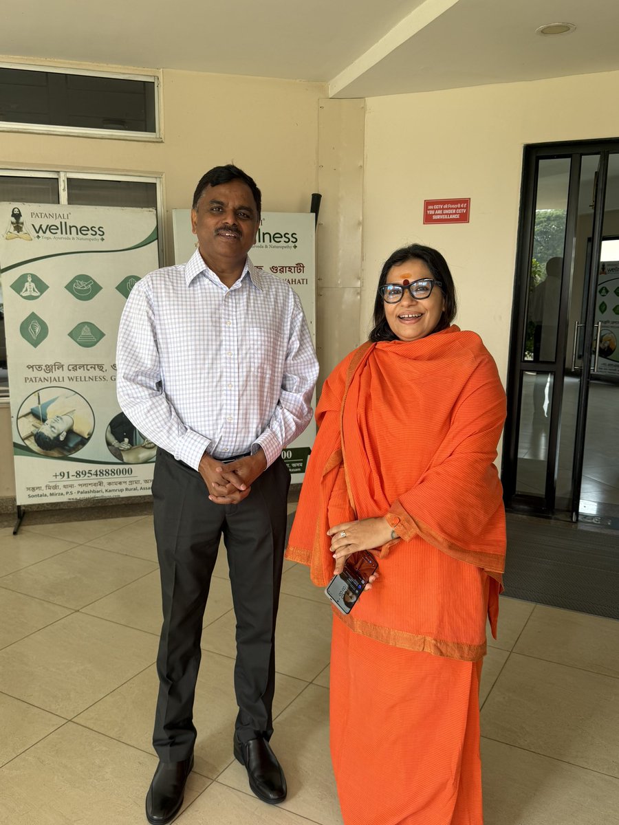 SadhviSwaroop's tweet photo. With the divine blessings of Param Pujya Gurudev Swami Ramdev Ji Maharaj &amp; Acharya Balkrishan Ji Maharaj, it was an honour to welcome Hon’ble Chief Secretary of Assam, Shri Ravi Kota Ji &amp; Smt. Nirmala Kota Ji to Patanjali Wellness. Truly inspiring leadership and grace. https://t.co/fpN0BQ7KLG