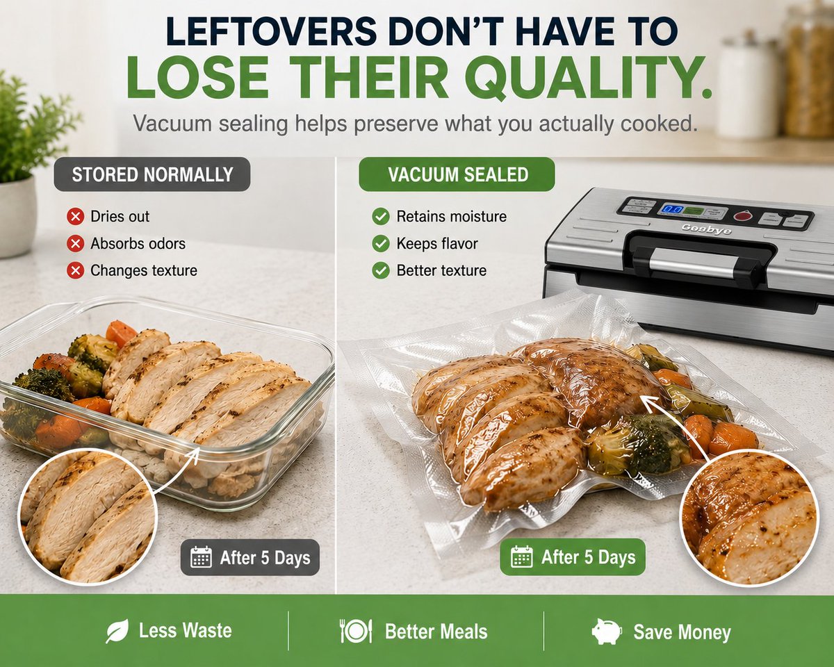Gasbye_Official's tweet photo. Leftovers change because of air.

Texture. Moisture. Flavor.

Vacuum sealing helps keep them closer to how they started.

https://t.co/bzMQJqQWyR https://t.co/IcsXRMHVYT