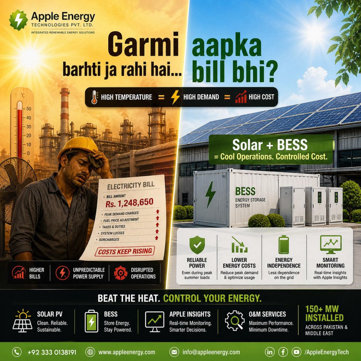 APPLEENERGYTECH's tweet photo. ☀️ Garmi sirf temperature nahi barhati…
Energy cost bhi barhati hai.                                                                                
                                                                                                             
#SummerEnergy https://t.co/fb9lpIjD3F