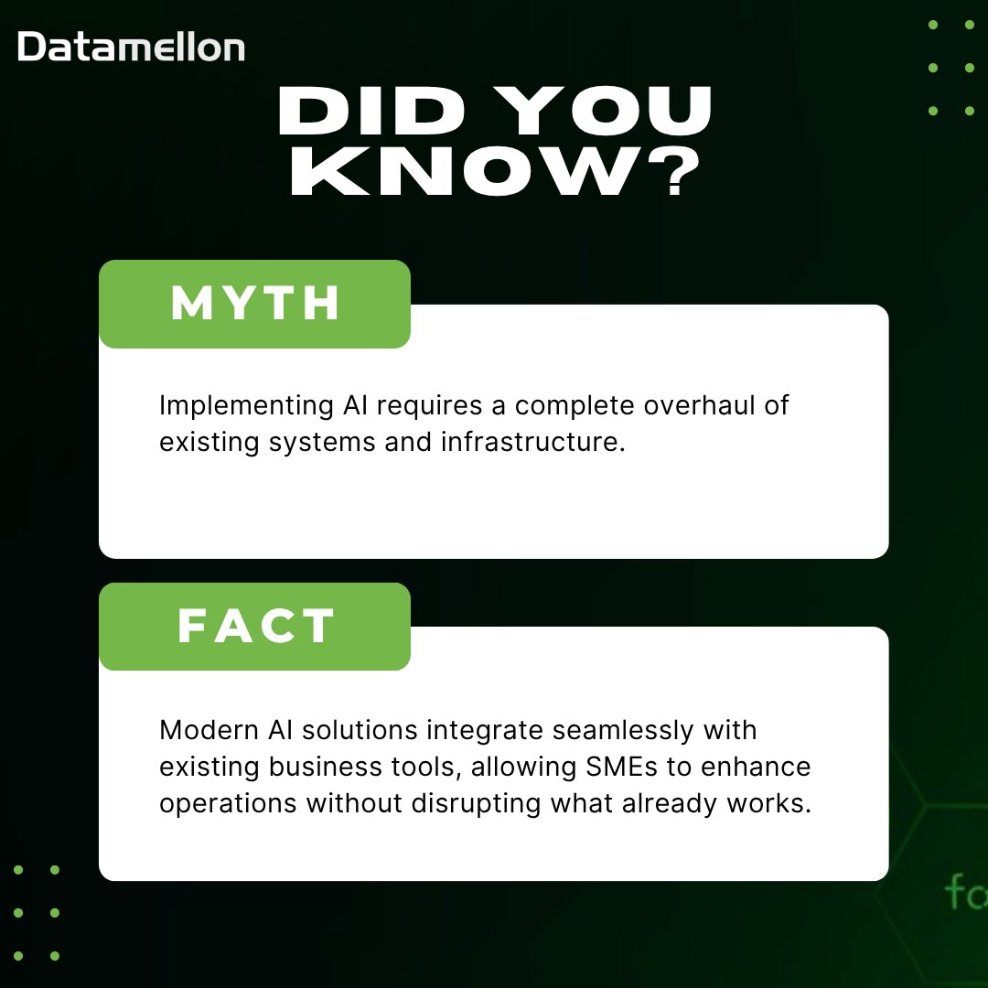 datamellon_ltd's tweet photo. AI adoption doesn’t have to be complex or disruptive.

Modern solutions integrate easily with existing systems, helping SMEs improve operations without slowing down.

Smarter integration. Faster impact. Real results.

#Datamellon #ArtificialIntelligence #SMEs  #BusinessInnovation https://t.co/2KIqtIPHFa