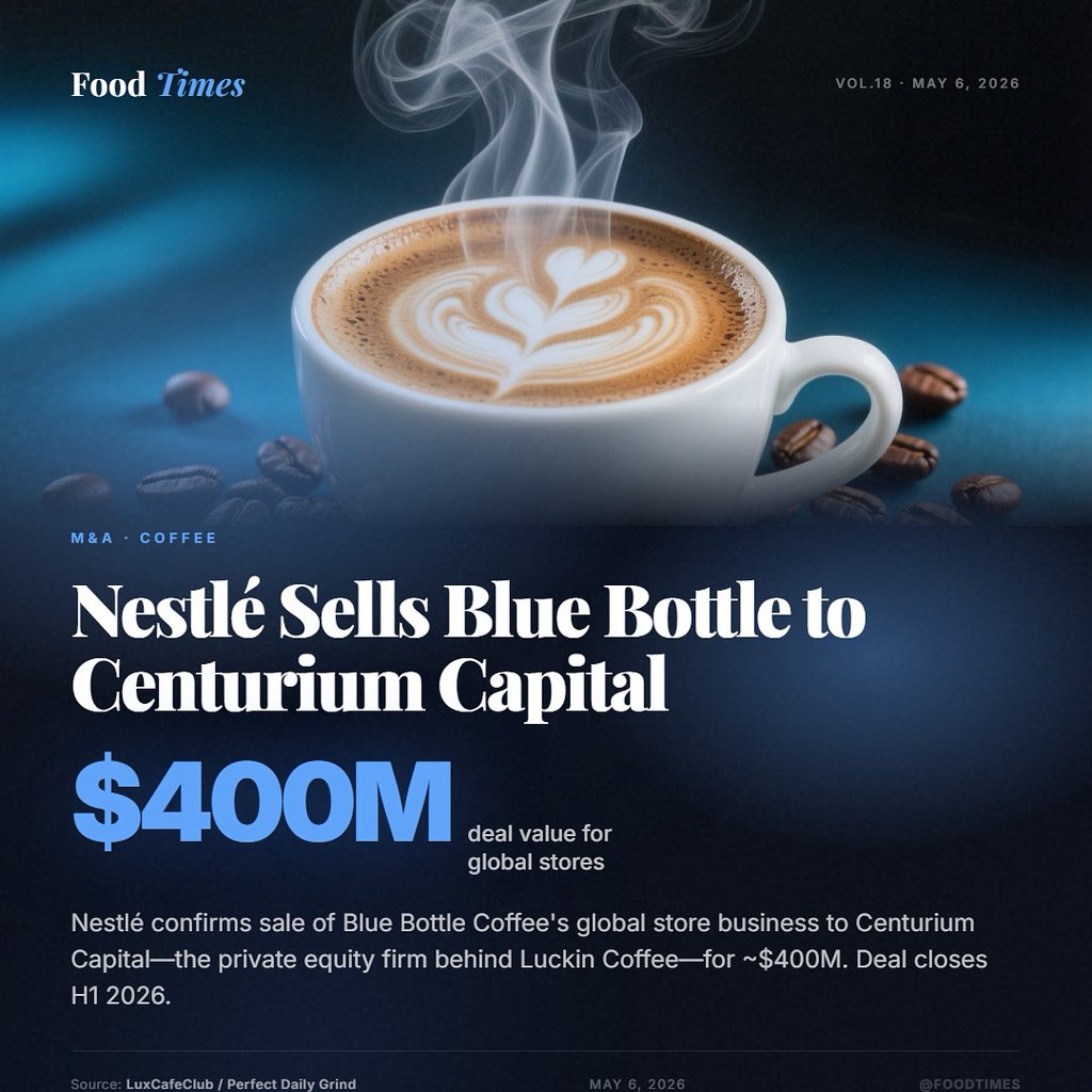 Foodtimes0's tweet photo. Nestlé sells Blue Bottle Coffee global stores to Centurium Capital—the PE firm behind Luckin Coffee—for ~$400M. Deal closes H1 2026, reshaping the premium coffee landscape. #BlueBottle #Nestlé #CoffeeMA #CenturiumCapital #FoodTimes https://t.co/AGOtA4wlYr