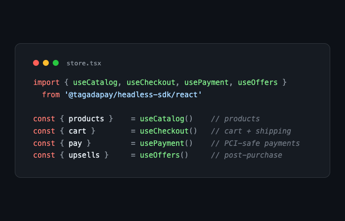 First question our first paying merchant asked: "Can I see my money tomorrow?"

Not "can you support 200 SKUs." Not "do you have GraphQL." Just: when do I get paid.

Reframed everything we built after that. The four hooks (useCatalog, useCheckout, usePayment, useOffers) exist so