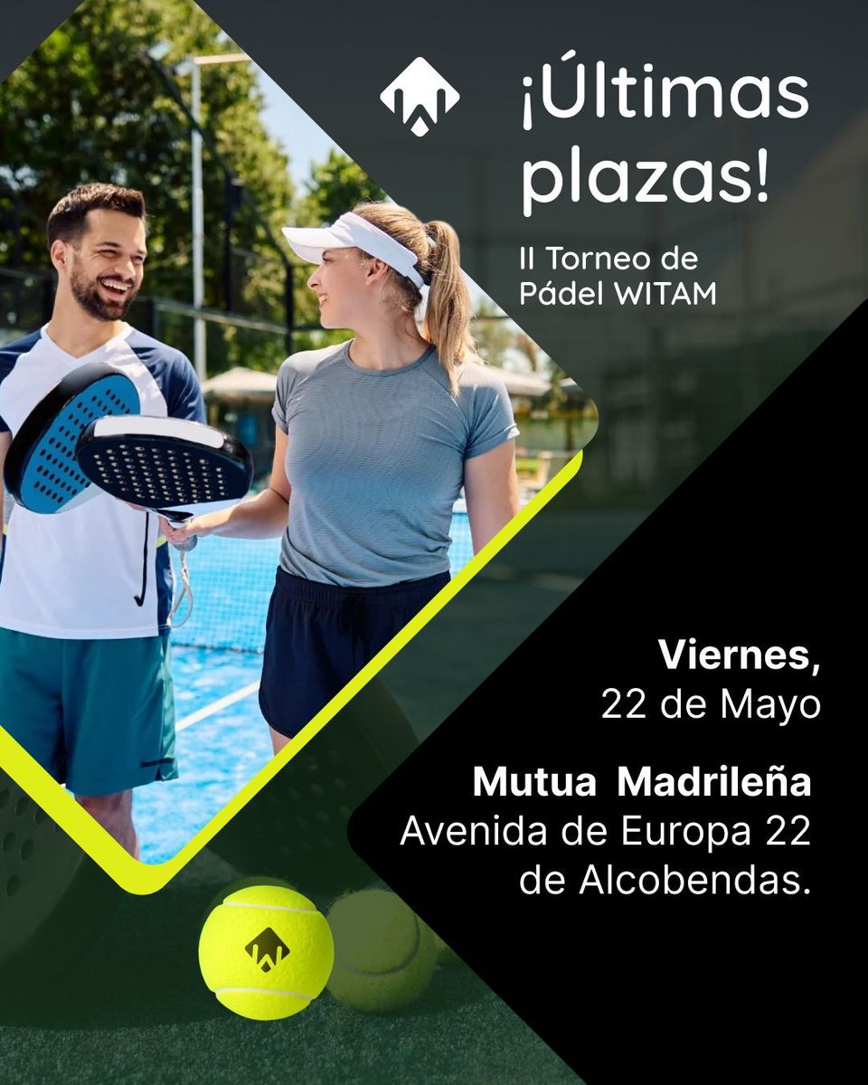 Witammobility's tweet photo. Últimas plazas para el II Torneo de Pádel WITAM.
Viernes, 22 de mayo  Mutua Madrileña (Alcobendas)
Deporte y networking en un mismo plan. 
Inscripción: witam@witam.es https://t.co/l32W4wv3PW
