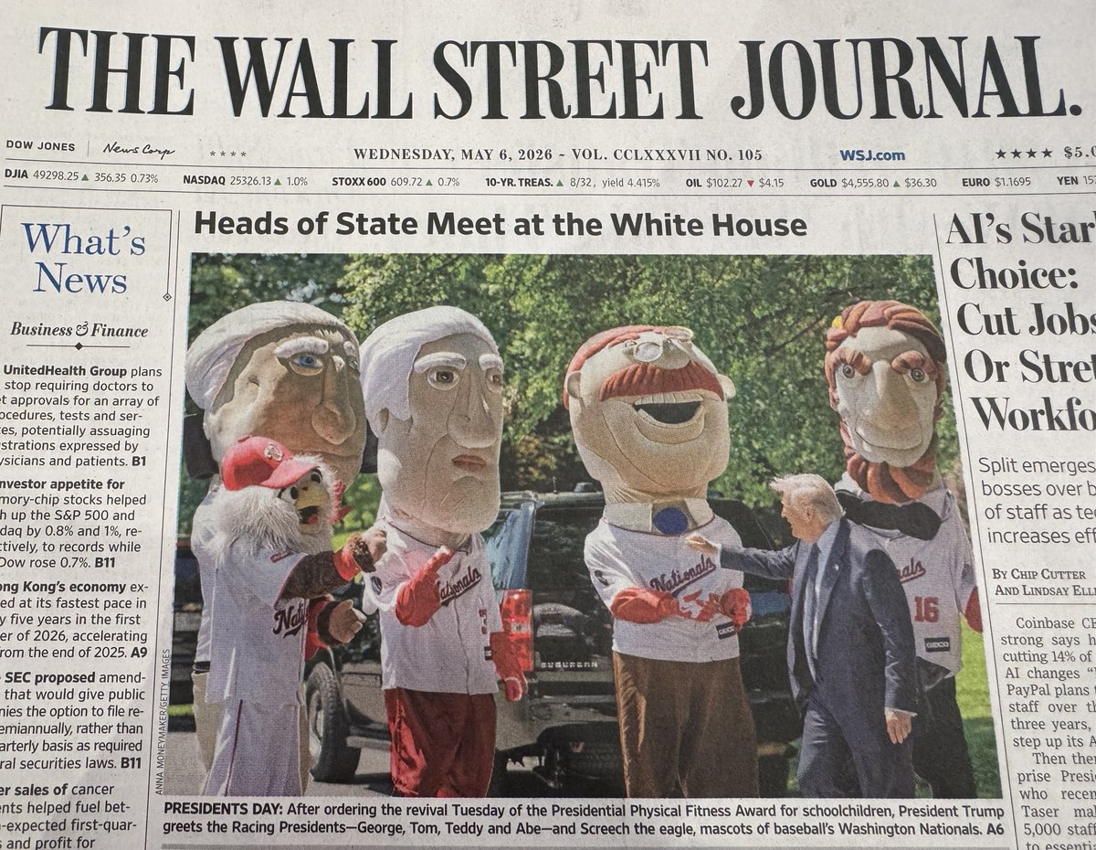 JonLemire's tweet photo. The @WSJ front page: 5.6.26 https://t.co/wghdsHWKOU