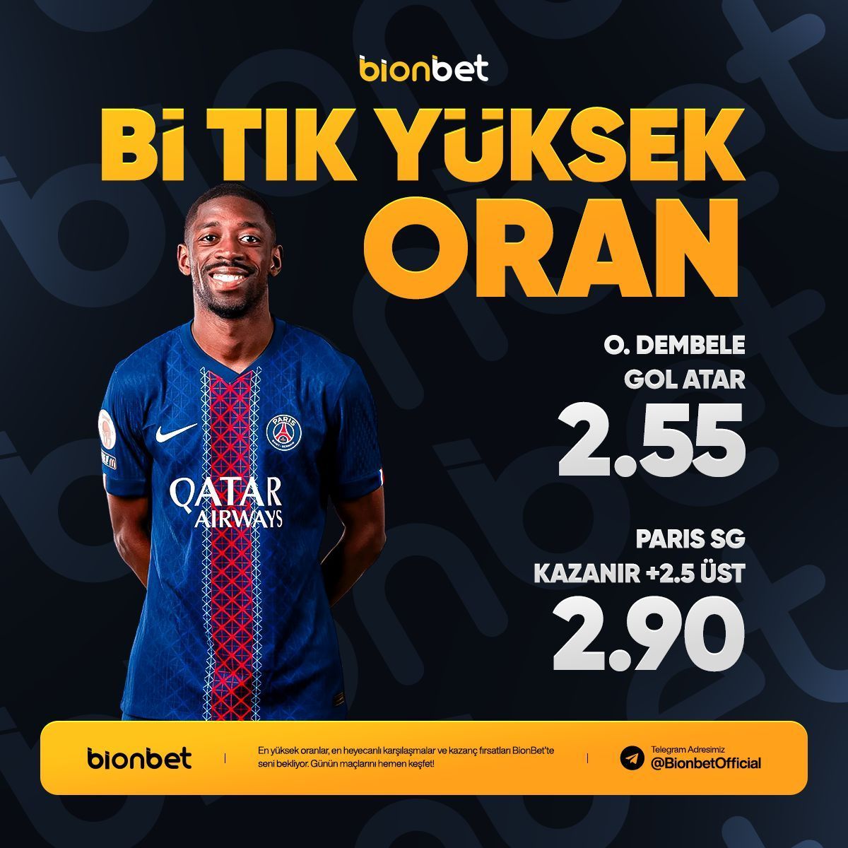 Bionresmi's tweet photo. Ousmane Dembele gol yollarında, Paris SG ise galibiyet peşinde. ⚽️

BionBet farkıyla sunulan bu özel oranlarla sahadaki heyecanı takip etme zamanı. https://t.co/dEYWQJHUA8