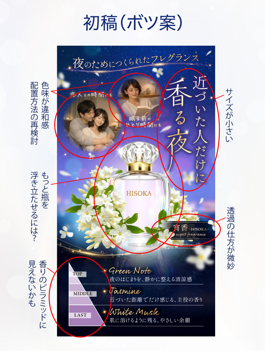 tomosd25's tweet photo. 前回の「素材集め」編も
たくさん見ていただいてありがとうございました☺️

今回はついに…恥を忍んで😅
最初に作ったものの「なんか違う💦」となった
初稿ボツ案をお見せします。

一見それなりに見えるのですが、

・メインコピーが少し小さい（致命的w）
・人物画像の配置に違和感
・香水をもっと引き立たせたい
・香りのピラミッドが認知しにくい

などの違和感があり、修正することにしました💦

画像には当時の私が書き込んだ
「自己ツッコミ（赤ペン）」をそのまま載せています📌

でも、このボツ案のおかげで
「本当に伝えたい世界観」がクリアになって、
最終的にあのデザインが生まれました📝

次回は、ここからどうブラッシュアップして
あの美しい完成形に辿り着いたかをお見せします✨

のんびりペースですが、お楽しみに🌸