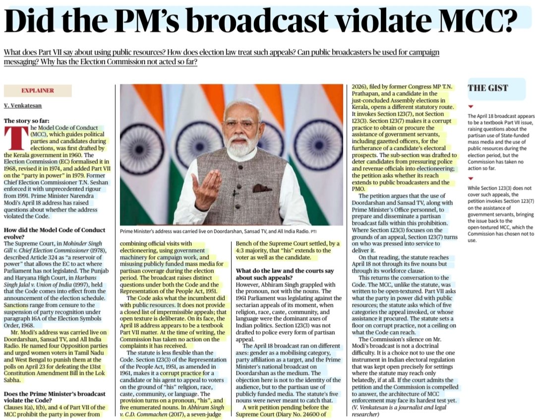 imRavikantYadav's tweet photo. Did the PM's broadcast violate MCC?
:An informative article by Sh V. Venkatesan
@vvenkatesan
#ModelCodeOfConduct #MCC #Elections
#ElectionCommission
#PMModi
#WomenReservation
#PublicResources #GovernmentMachinery #Misuse
#UPSC
Source: TH https://t.co/oVjLrOM2VA