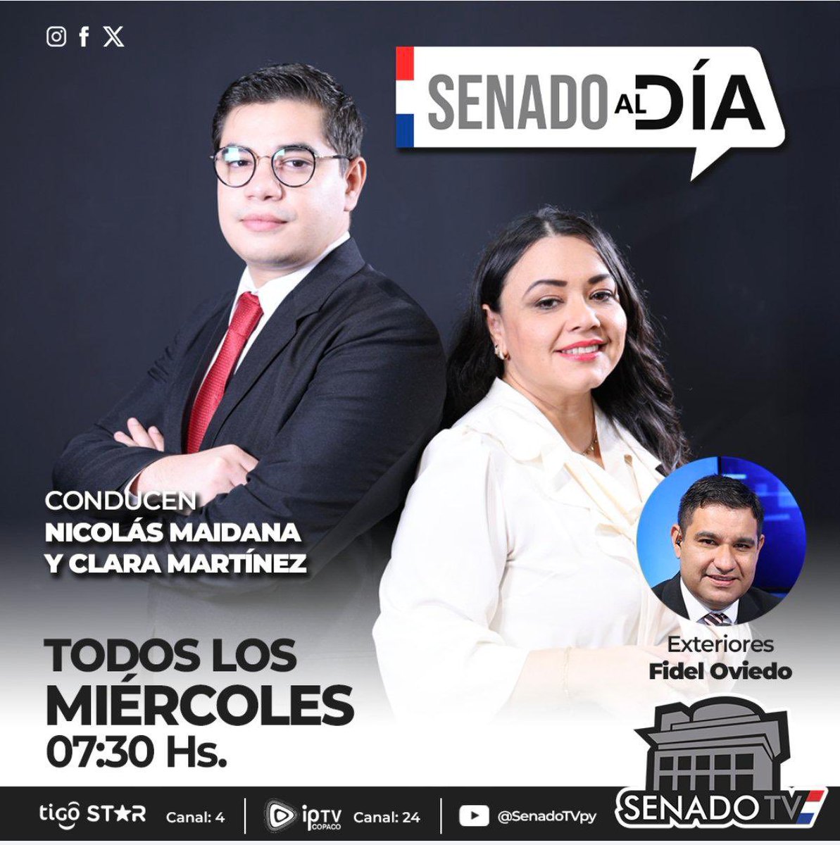 SenadoTV24's tweet photo. Senado al Día 📺
La previa de la sesión ordinaria de la Cámara de Senadores.

Informate sobre los principales temas que serán analizados en la jornada legislativa junto a Nicolás Maidana y Clara Martínez, con móviles en exteriores a cargo de Fidel Oviedo.

🗓️ Hoy
🕗 07:30 horas

Seguinos por Senado TV y mantenete informado sobre el acontecer legislativo.