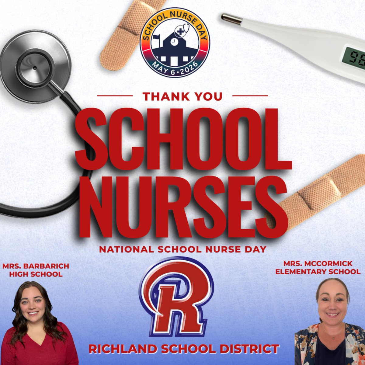 It’s National School Nurse Day! 🩺🍎

Huge shoutout to Mrs. Barbarich and Mrs. McCormick for keeping our Richland School District students healthy, safe, and supported every single day. We couldn't do it without you!

#SchoolNurseDay