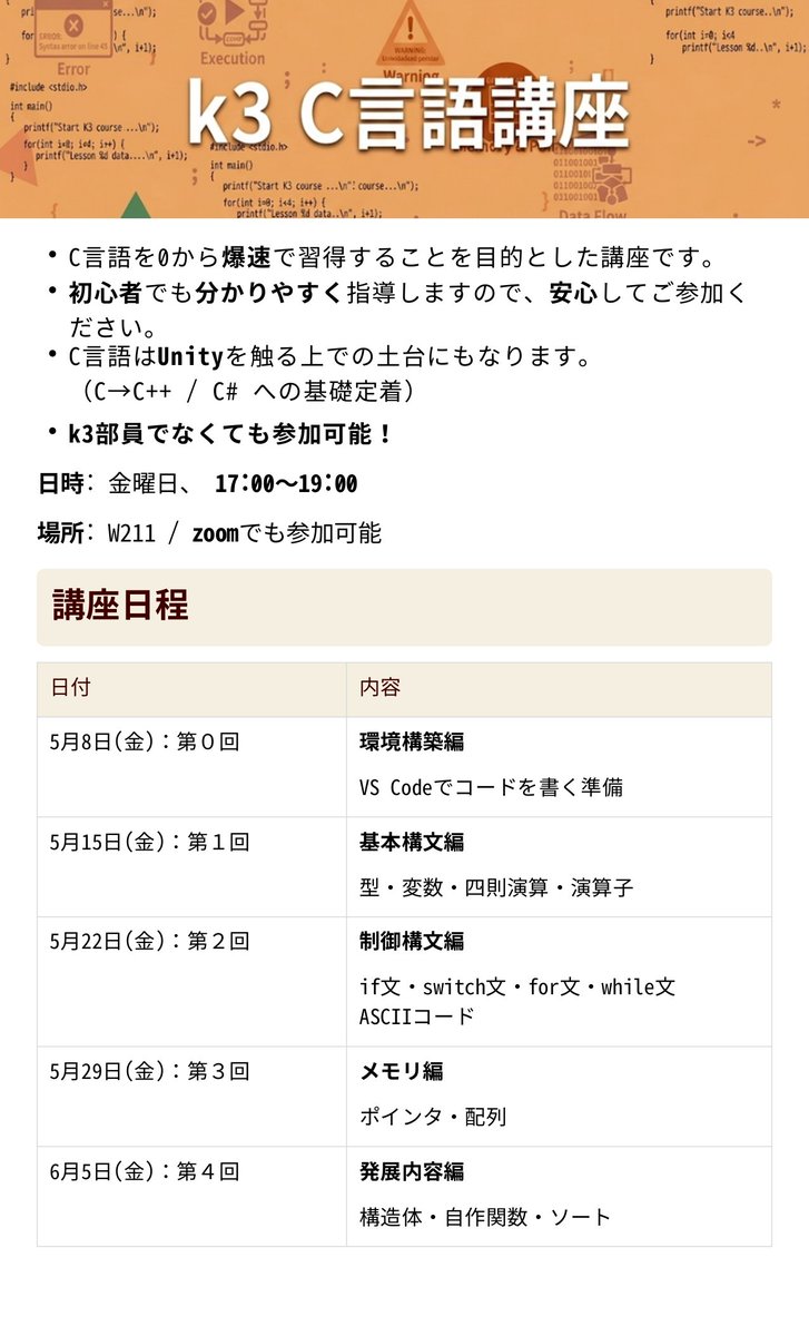 k3_bot's tweet photo. 〜C言語講座のお知らせ〜
5/8(金)より、毎週金曜日, 17:00~ にC言語講座を行います！ ハイフレックスでの実施です！
対面：W211
オンライン：Zoom
第0回ではVS Codeでの環境構築を行います！
初めてでわからなくても大丈夫です！
K3部員以外でも参加可能です！ぜひお気軽にお越しください～！🙌 https://t.co/eOQRmHRiSe