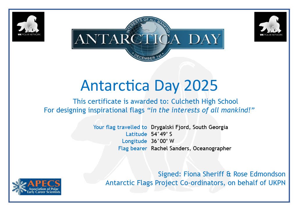 CulchethHS's tweet photo. Back in December, our Year 8 Geographers designed custom flags representing peace, science, and nature. 

We are thrilled to announce that two winning designs have officially completed the journey to the frozen south, and will be displayed at a British Research facility there! ❄️ https://t.co/C1FMvC3OBZ