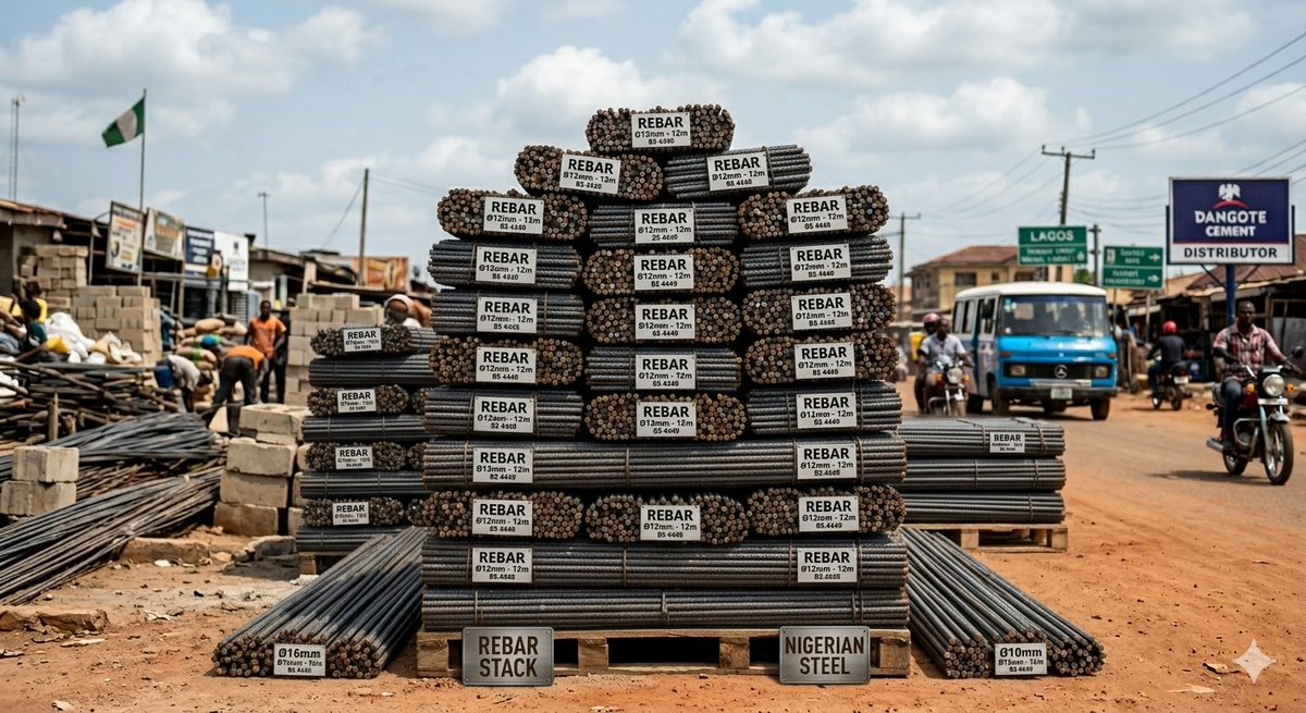 Babalogy001's tweet photo. Bro to bro: do you know that reinforcement prices as at 2019 is btw 165,000 - 185,000/ ton and as at today, it's btw N900,000 - N1,200,000/ ton? Depending on brand and quality.

Reinforcement comes in different sizes/diameters:
8mm = N4,500 - N6,000
10mm = N7,500 - N9,000
12mm = N10,000 - N13,000
16mm = N19,500 - N21,500, etc

Standard length is 12m. Market length is about 11.7m mostly.
 
1 ton of 8mm has about 210 pieces
10mm = about 135 pieces
12mm = about 94 pieces
16mm = about 53 pieces, etc 

If a project needs 145 tons of 16mm
= 145 x 1,050,000 = N152,250,000 (Averagely)

If it requires, 20 lengths of 12mm
= 20 x 11,000 = N220,000

Prices are also location dependent.

Who is in class?