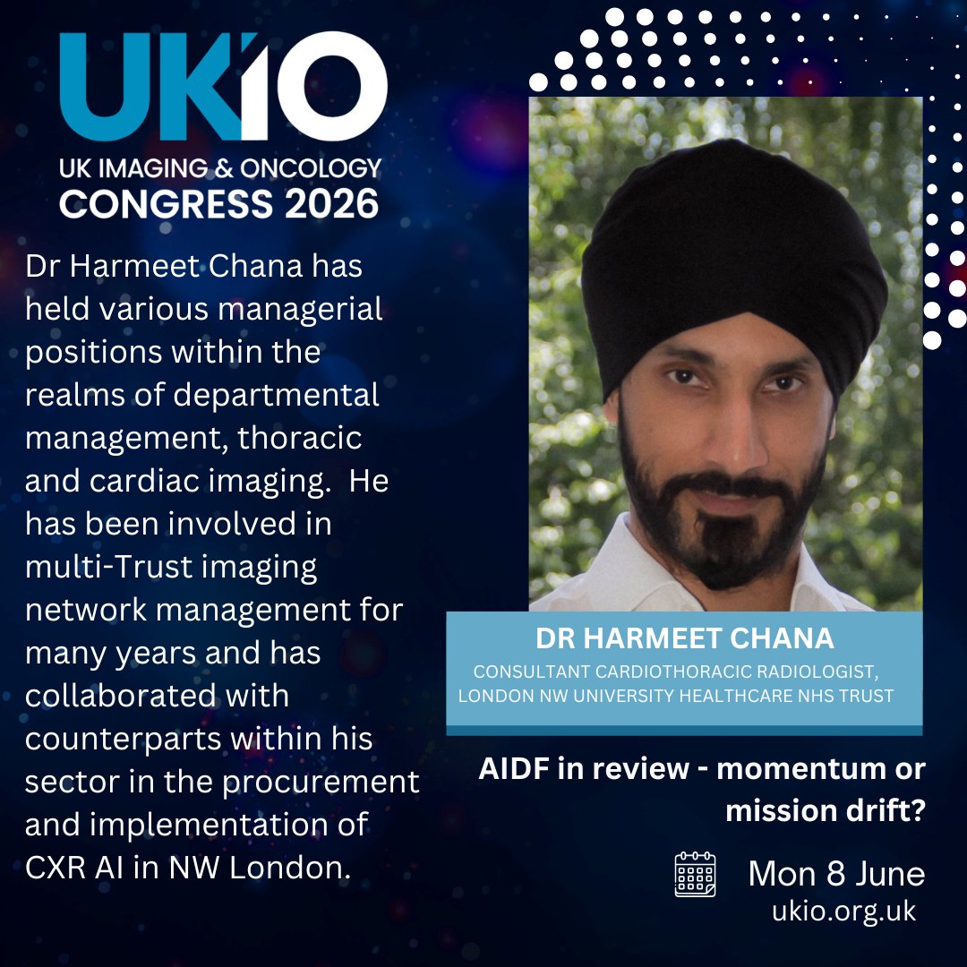 UKIOCongress's tweet photo. ✨SPEAKER SPOTLIGHT✨

See Harmeet Chana in a panel at UKIO 2026 on 'AIDF in review - momentum or mission drift?'. This is just 1 of the digi tech sessions, which include AI in chest radiography, scaling AI, writing a business case &amp; more

Book: https://t.co/YjKxcEgDqR https://t.co/9qBJkP6NN3