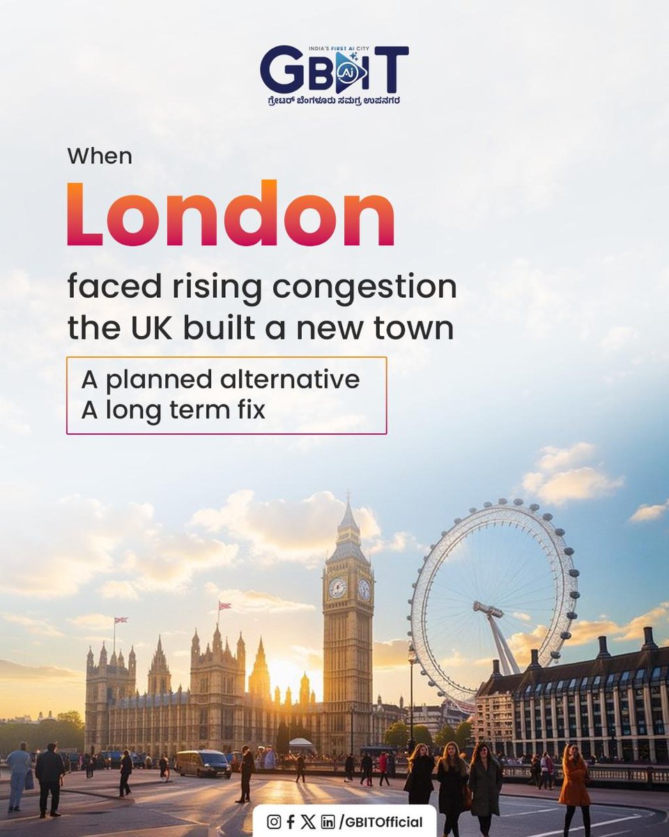 GBITOfficial's tweet image. When London faced rising urban pressure, the UK built Milton Keynes as a planned growth engine.

A city designed with connectivity, livability and opportunity at its core.
.
.
#GBIT #AICity #FutureCity #UrbanPlanning #FutureCities #WorkLivePlay #GreaterBengaluru #Bidadi #Township