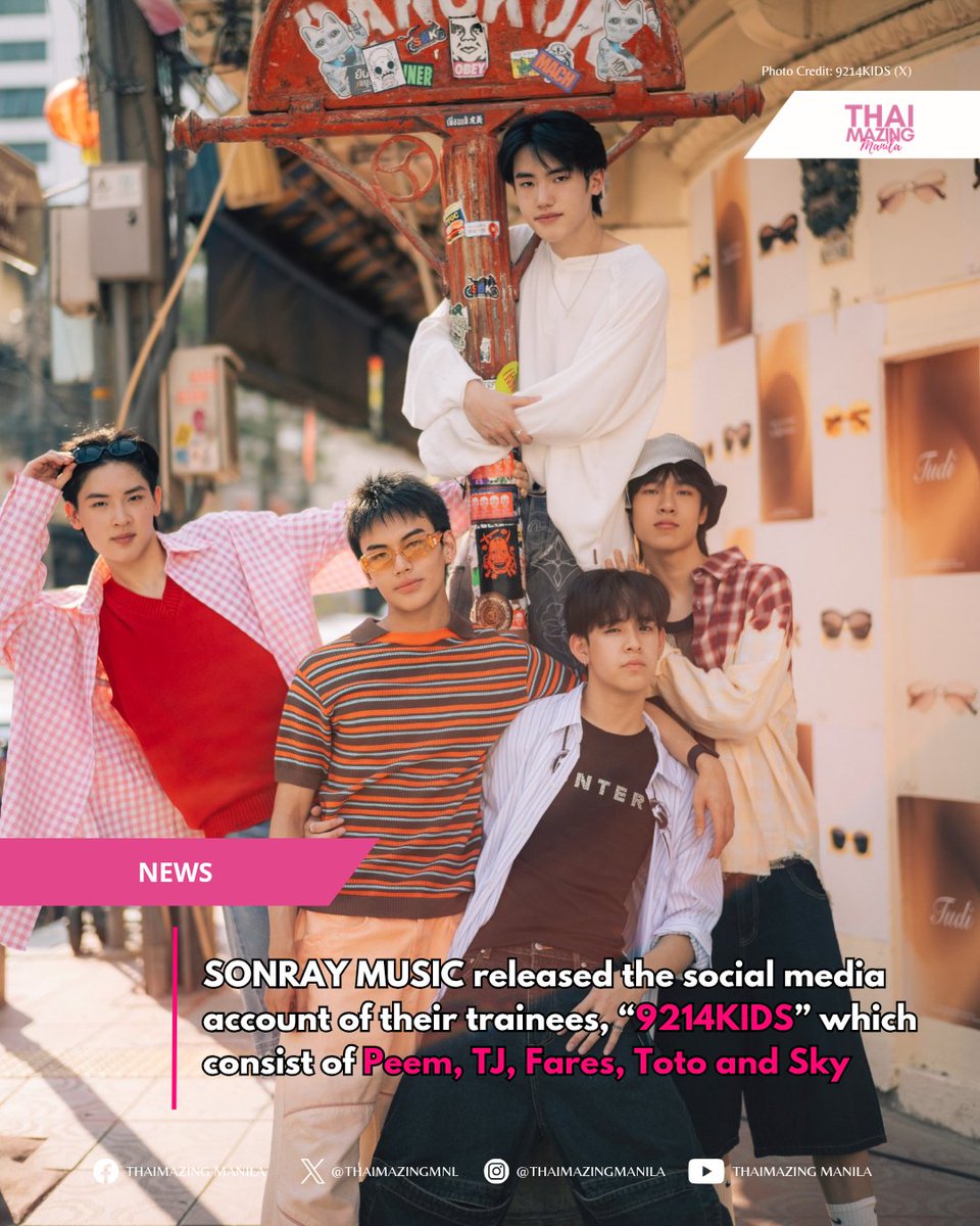 SONRAY MUSIC launched the social media account of their trainees “9214KIDS”

The members are Peem, TJ, Fares, Toto and Sky.

IG, X, FB, Tiktok, YouTube: <a href="/9214KIDS/">9214KIDS</a>

#9214KIDS 
#tjprinwat #faresklahan #peemtanat #skyphasith #totothayawat 
#SONRAYMUSIC