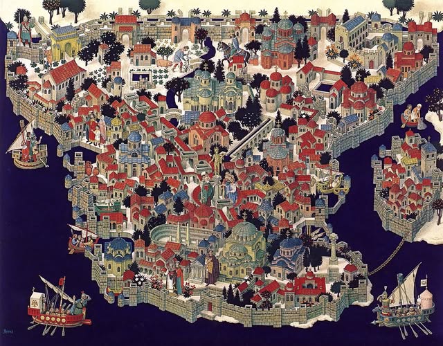 Η Κωνσταντινούπολη του Jean-Léon Huens

Η εικονογράφηση "The Walled City of Constantinople" είναι μια από τις πιο εμβληματικές ιστορικές αναπαραστάσεις που δημοσιεύτηκαν ποτέ στο National Geographic (τεύχος Δεκεμβρίου 1983, "The Byzantines").

Ο καλλιτέχνης Jean-Léon Huens