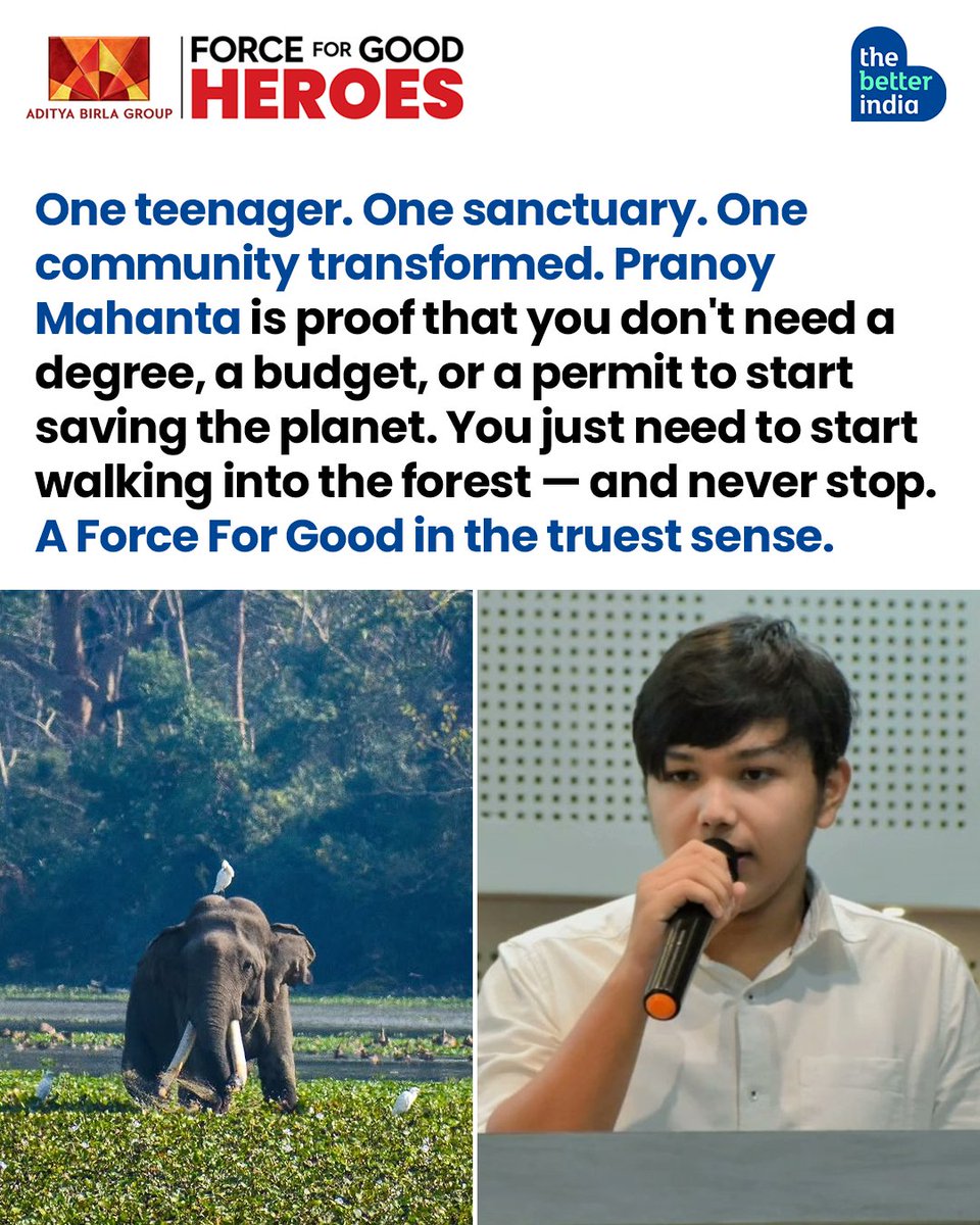 thebetterindia's tweet photo. He is just 15 and he fights poachers. At night.

Pranoy Mahanta has rescued injured birds, documented over 150 species, and written a book on Behali Wildlife Sanctuary-all before finishing school.

He has received threats. He continues anyway.

His video of an elephant calf went viral. But that's not why he does this. He does this because he believes humans and wildlife can coexist.

Swipe left to meet one of India's youngest wildlife warriors and #ForceForGood heroes.

#forceforgoodheroes #adityabirlagroup

In partnership with @AdityaBirlaGrp