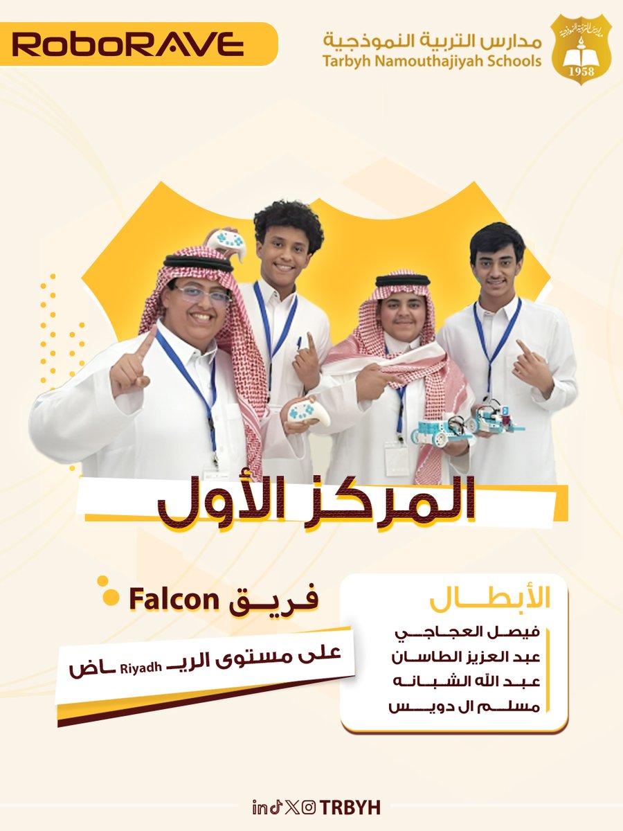 أبطال فريق Falcon يحققون المركز الأول في مسابقة ROBORAVE على مستوى الرياض، ويتأهلون بكل جدارة للتصفيات النهائية على مستوى المملكة 🇸🇦

كل الأمنيات لهم بالتوفيق وتحقيق الفوز في المرحلة النهائية 👏😍

#مدارس_التربية_النموذجية 
مجمع الروابي التعليمي📍