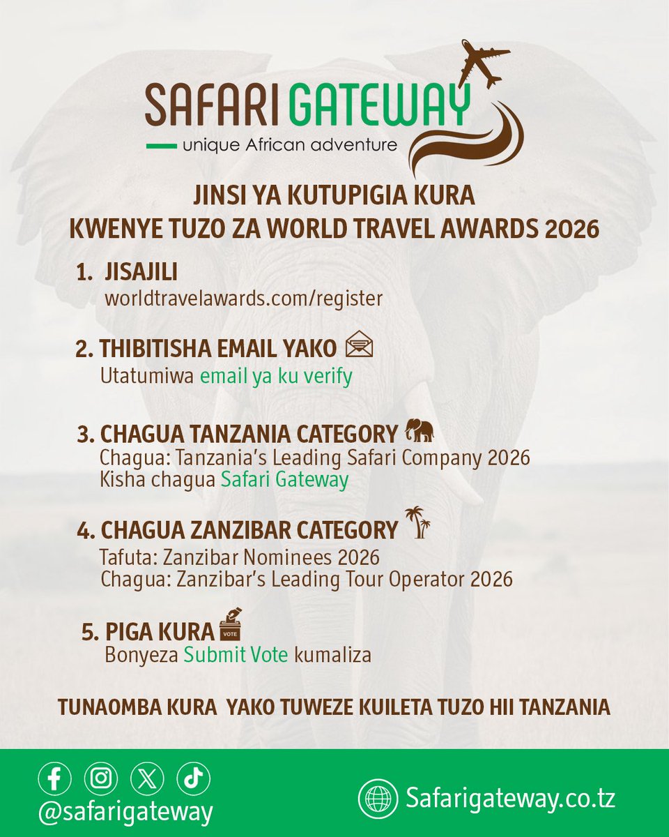 🏆 Tumechaguliwa kuwania tuzo za World Travel Awards 2026!

Tusaidie kushinda kwa kupiga kura yako kwa Safari Gateway kwenye vipengele vya:

🐘 Tanzania’s Leading Safari Company 2026
🌴 Zanzibar’s Leading Tour Operator 2026

Kura yako ni muhimu sana kwetu 💚

🗳️ Piga kura hapa: