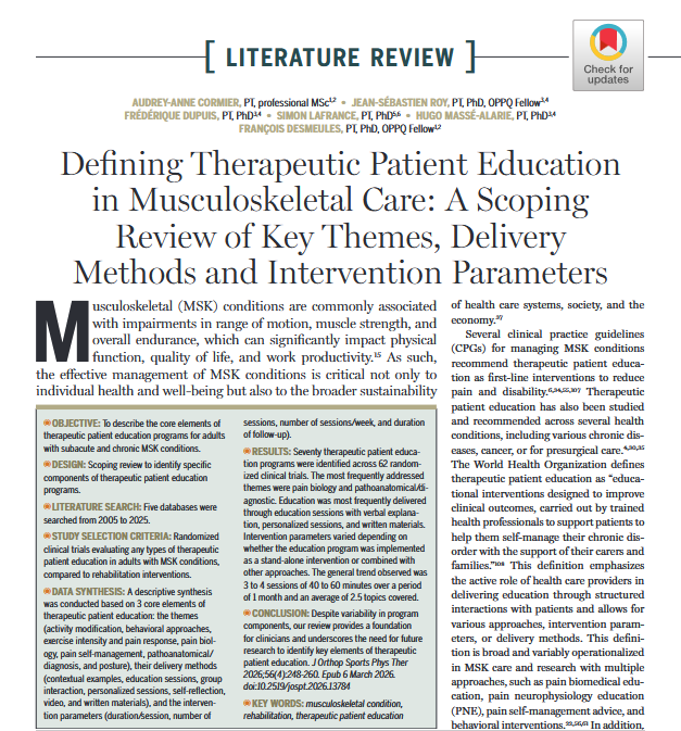 What are the themes, methods &amp; parameters that most consistently define therapeutic #Education in #MusculoskeletalCare 🤔

Our April #Review tries to establish if there is consistency in the literature

See what was found across 70 programs ➡️ ow.ly/ibER50YS5tC

#yourJOSPT