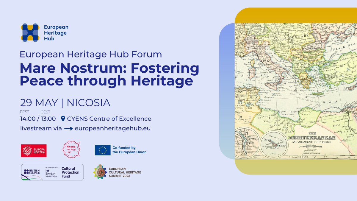 EurHeritageHub's tweet photo. 🕊️ Cultural heritage can be a transformative tool for peace.
During the upcoming European Heritage #HubForum, we’ll explore how it can be a vector to foster dialogue & trust across borders.
📅 29 May
📍Nicosia, Cyprus & via livestream
Learn more 👉 https://t.co/YionFI79hb https://t.co/FP2ps3dJb9