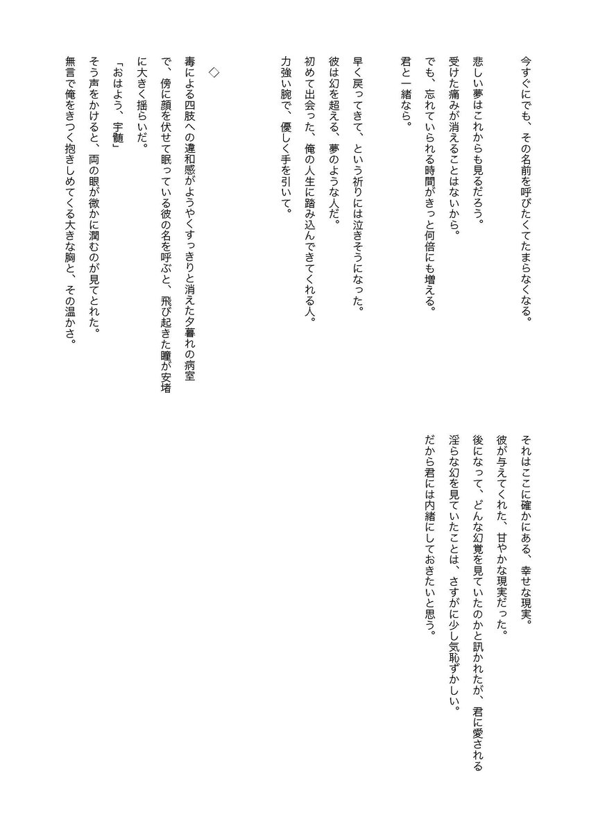 #宇煉
「甘い幻」
まだ最後の一線を超えていない頃の短いお話。拙宅「わが心のただひとり」第十三話の煉サイドのお話ですが、単独でお読みいただけます。※性描写注意