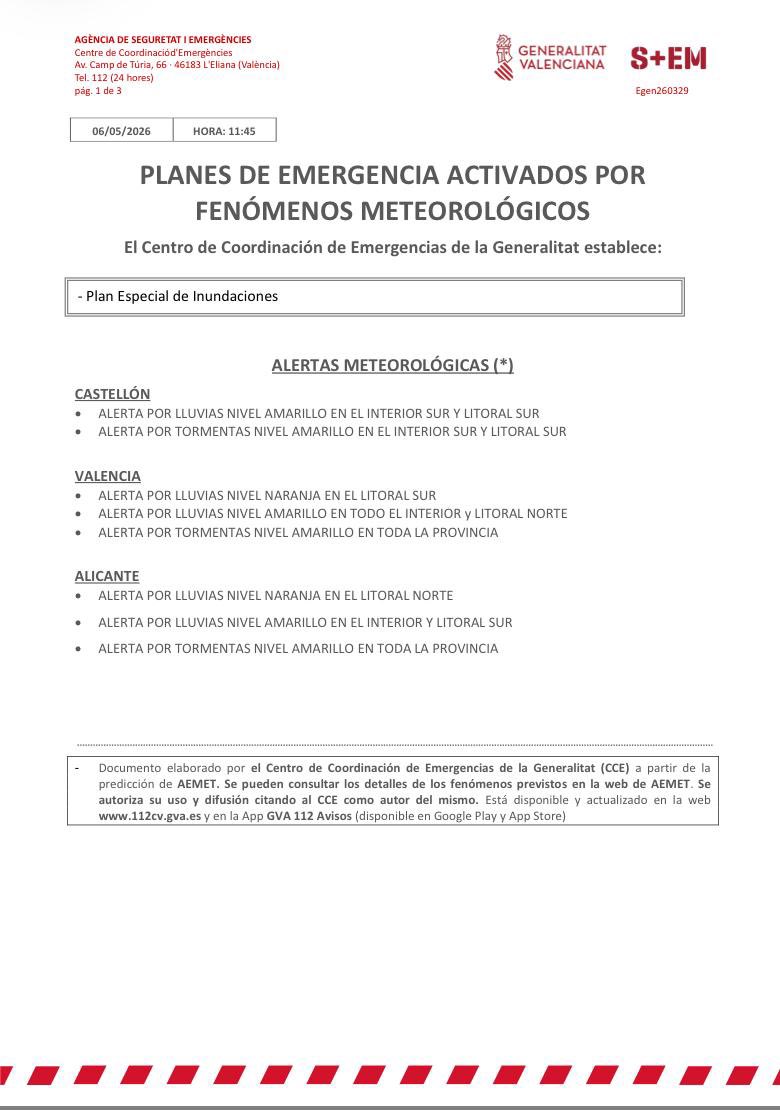 ⚠️El Centro de Coordinación de Emergencias de la <a href="/generalitat/">Generalitat</a> emite un boletín de fenómenos meteorológicos y establece:

🟠🌧️Alerta naranja por lluvias en el litoral sur de Valencia y en el litoral norte de Alicante.
🟡🌧️Alerta amarilla por lluvias en todo el interior norte de