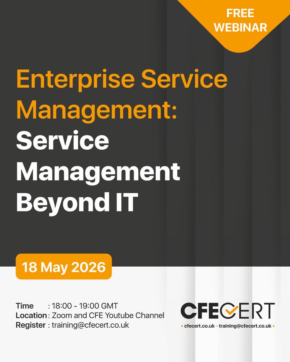 CfeCert's tweet photo. Join our free webinar exploring Enterprise Service Management beyond IT.
#ServiceManagement #ESM #ITSM #OperationalExcellence 

https://t.co/Y4bVdrvM64 https://t.co/mczunV7ivB