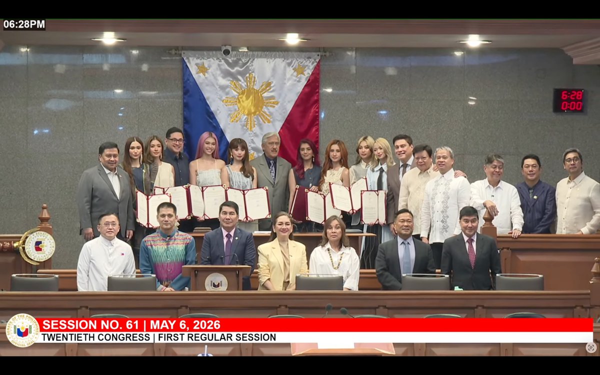 PhilstarNews's tweet photo. MABUHAY ANG BINI! ✨

P-pop girl group BINI posed for photos with senators during a Senate plenary session, where they were recognized following their historic Coachella performance last April.

The Senate approved Resolution No. 370, sponsored by Sen. Bam Aquino, commending BINI for bringing pride to the country.

📷 Senate via YouTube