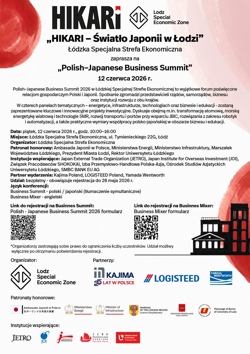 sselodz's tweet photo. 🔥 Polska i Japonia spotykają się w Łodzi – jeden dzień, cztery panele, Business Mixer i maksimum szans na nowe partnerstwa! 🤝
💼 Udział: bezpłatny, rejestracja do 28 maja
https://t.co/h5tDCUMrQc https://t.co/ctq7oZrsU9