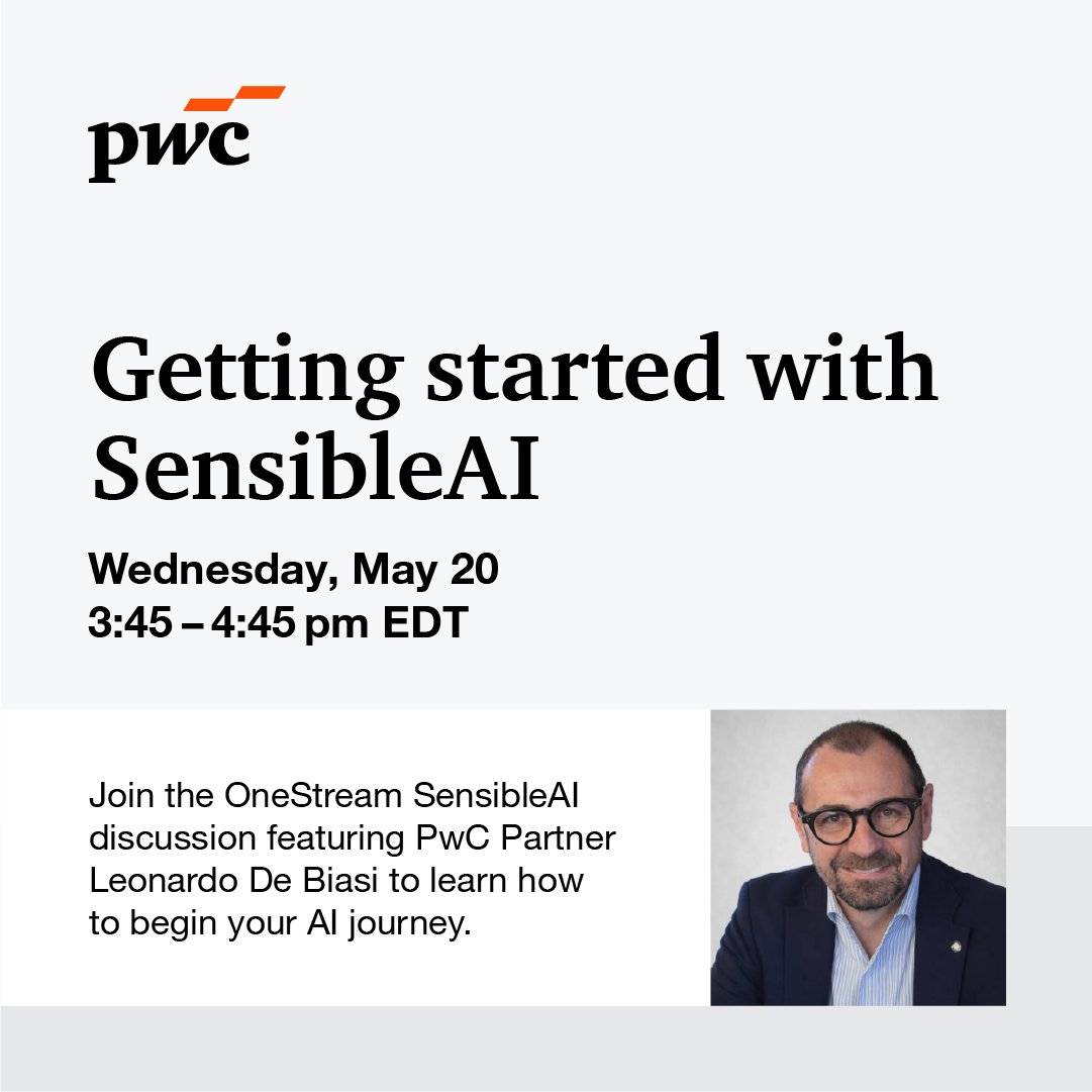 Filer_CPA's tweet photo. Join OneStream’s discussion on Wednesday, May 20th featuring PwC’s Leonardo De Biasi to hear about common OneStream AI use cases and how to begin your AI journey.  

#OneStream #FinanceTransformation #FinanceLeaders #PwC https://t.co/ytEuUGu33R