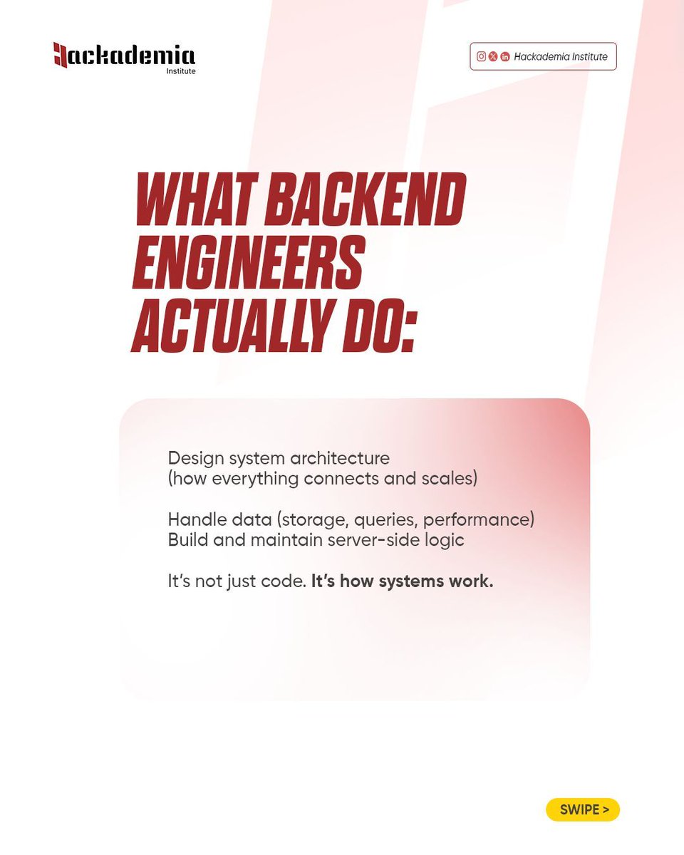 hackademiainst's tweet photo. "Backend Engineering is NOT just APIs.

It’s systems.
It’s data.
It’s performance.

Most people only see the surface.

Swipe through — we broke down what the role actually involves →

Last slide is for you.

#BackendEngineering #HackademiaInstitute #SystemDesign #TechCareers #NigerianTech"