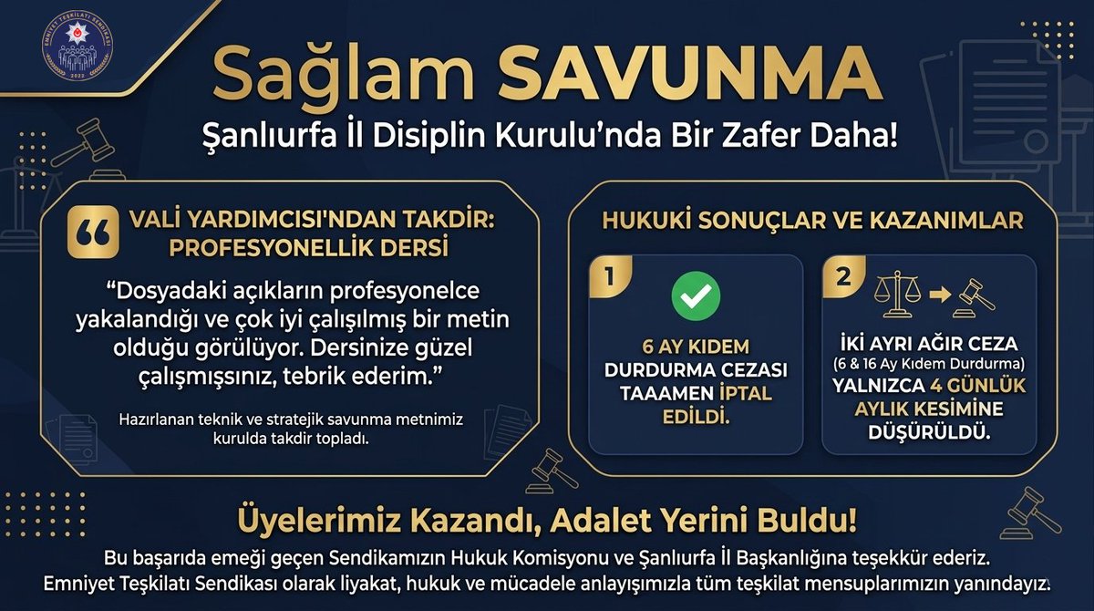 EmniyetTS's tweet photo. Emniyet Teşkilatı Sendikası olarak Sağlam SAVUNMA

Emniyet Teşkilatı Sendikası, üyelerinin haklarını koruma mücadelesinde bir başarıya daha imza attı. Şanlıurfa İl Disiplin Kurulu’nda gerçekleştirilen savunmalar sonucunda, haksız ceza talepleri iptal edildi. İl Polis Disiplin Kurul Başkanı Vali Yardımcımız, sendikamızın hazırladığı savunma metnini "profesyonellik dersi" olarak nitelendirdi.

Emniyet Teşkilatı Sendikası Şanlıurfa İl Başkanlığı ve Hukuk Komisyonumuz, disiplin kuruluna sevk edilen iki üyemiz için yürüttüğümüz titiz hukuk mücadelesini başarıyla taçlandırdı. Hukuk Komisyonu üyemiz Koray AKSOY tarafından çok kısıtlı bir sürede, büyük bir titizlikle hazırlanan teknik ve stratejik savunma metinleri, kurulda profesyonellik dersine dönüştü.

"Dersinize Çok Güzel Çalışmışsınız"

Savunma sırasında, hazırlanan metnin kalitesi ve hukuki derinliği bizzat Vali Yardımcımız tarafından takdirle karşılanmıştır. Vali Yardımcısı, savunma metni için şu ifadeleri kullanarak sendikamızın profesyonelliğini vurgulamıştır:

“Dosyadaki açıkların profesyonelce yakalandığı ve çok iyi çalışılmış bir metin olduğu görülüyor. Dersinize güzel çalışmışsınız, tebrik ederim.”

 Üyelerimiz Kazandı!

* 6 Ay Kıdem Durdurma Cezası istenen üyemizin cezası tamamen İPTAL EDİLDİ.

* İki ayrı ağır ceza (6 ve 16 Ay kıdem durdurma) ile yargılanan diğer üyemizin cezaları ise yalnızca 4 günlük aylık kesimine düşürülerek büyük bir mağduriyetin önüne geçildi.

Bu başarıda emeği geçen Şanlıurfa İl Başkanımız Hasan Hüseyin BALİ ve Hukuk Komisyonu üyemiz Koray AKSOY'a teşekkür ederiz.

Emniyet Teşkilatı Sendikası olarak liyakat, hukuk ve mücadele anlayışımızla tüm teşkilat mensuplarımızın yanında olmaya devam edeceğiz. 

@aksykry3301