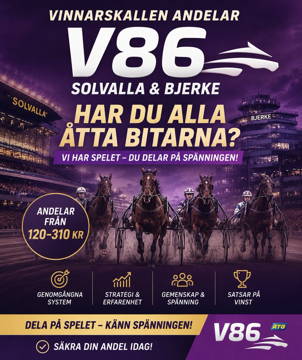 Bjerke och Solvalla bjuder på V86 omgången ikväll
💥 Vinnarskallen andelar 120 - 310 kr 
atg.se/butik/69ansspe…

Varmt välkomna / Danne 🙂