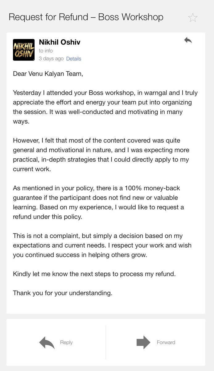 NikhilOshiv's tweet photo. I paid ₹1,178 to attend the ‘Boss in Warangal’ workshop by @venukalyan01 
Their website clearly says:
“100% Money Back – No Questions Asked” if you don’t learn anything new.
I didn’t. I requested a refund.
Result? No written response.
Is this how a money-back guarantee works? https://t.co/jYAJONDnyT