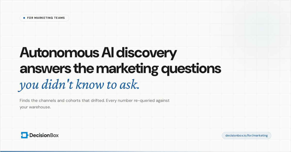 DecisionBox_io's tweet photo. Your attribution tool tells you about the channels you already track.

It won't tell you about the cohort that drifted, the campaign that halved LTV, or the segment where CAC doubled while everything else looked fine. https://t.co/DMxTOD9xvL
