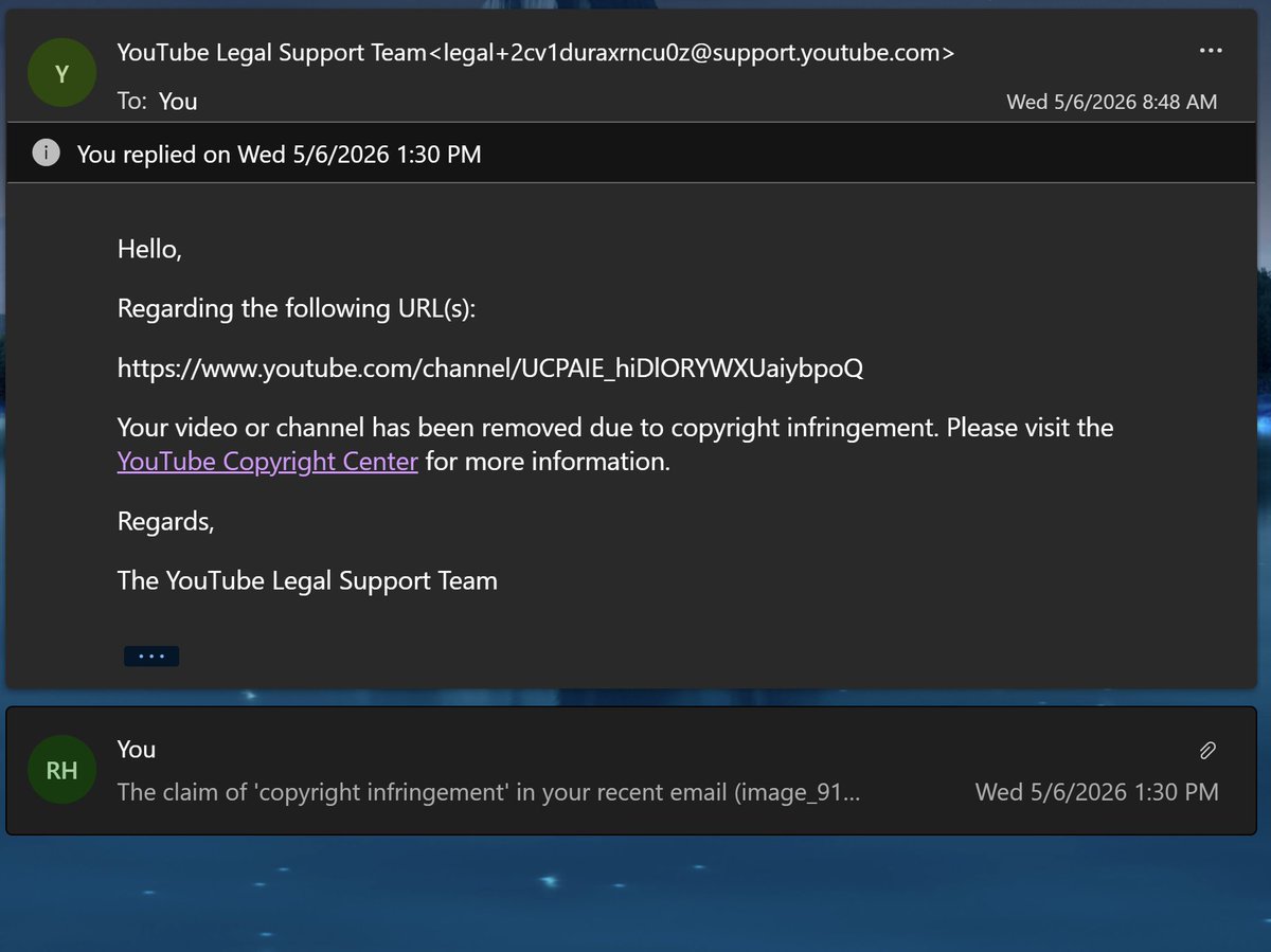 giorgoszotoss's tweet photo. So I tried to contact your legal teams again @TeamYouTube 

They gave me the 2nd reasoning after "inauthentic content" (copyright infringement)

When your own copyright team is telling me I have ZERO copyright violations

All I am asking for is for a real human review

thanks https://t.co/S3dbbVPdK4