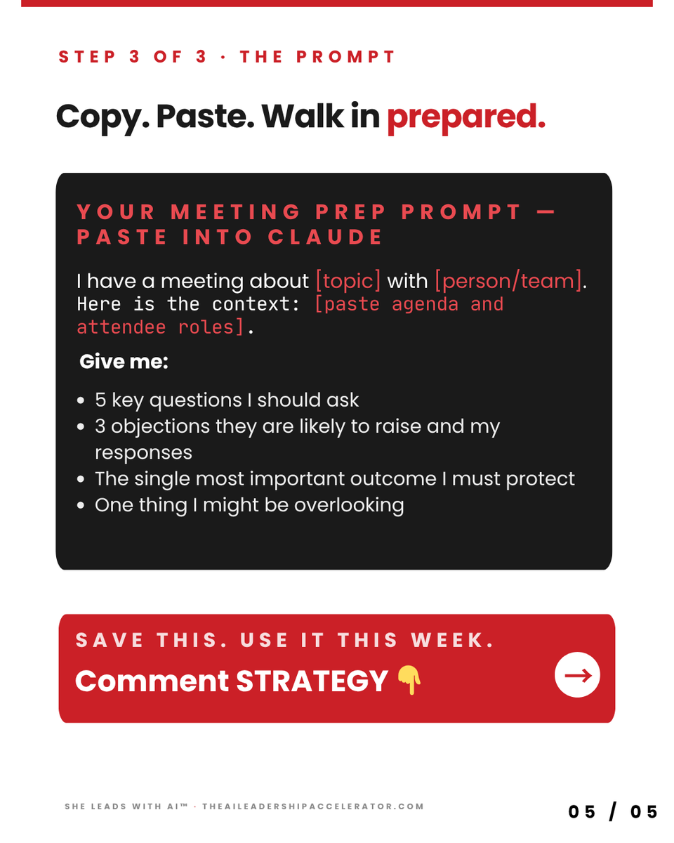 The most prepared person in the room is not the most experienced
They are the most intentional.

Claude 2026 goes far beyond the basic prompt: Projects, Live data, and formatted briefs in minutes

Swipe the carousel. Save Slide 5.