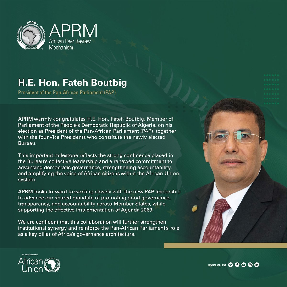 APRM warmly congratulates H.E. Hon. Fateh Boutbig (<a href="/BoutbigFateh/">فاتح بوطبيق Fateh Boutbig</a>) on his election as President of the <a href="/AfrikParliament/">Pan-African Parliament</a>, alongside the newly elected Bureau.

#APRM #PAP