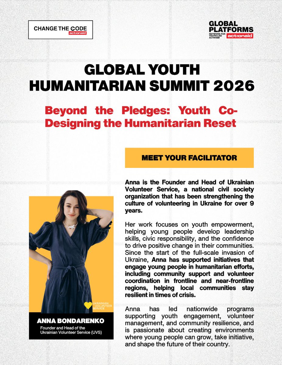 wechangethecode's tweet photo. @UNReliefChief Youth are not waiting they’re leading.

Anna , Founder of Ukrainian Volunteer Service, joins #GlobalYouthSummit2026 as a Facilitator bringing frontline experience in youth-led humanitarian response.

#ChangeTheCode #YouthLeadership #Localization #HumanitarianReset https://t.co/sUM0vHD29u