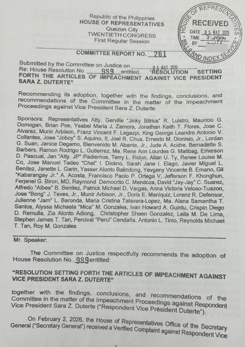 Over 50 lawmakers are listed as sponsors of the Committee Report on the House Resolution setting forth the Articles of Impeachment against Vice President Sara Duterte (📸: Rep. Antonio Tinio) | via <a href="/VivienneGulla/">Vivienne Gulla</a>