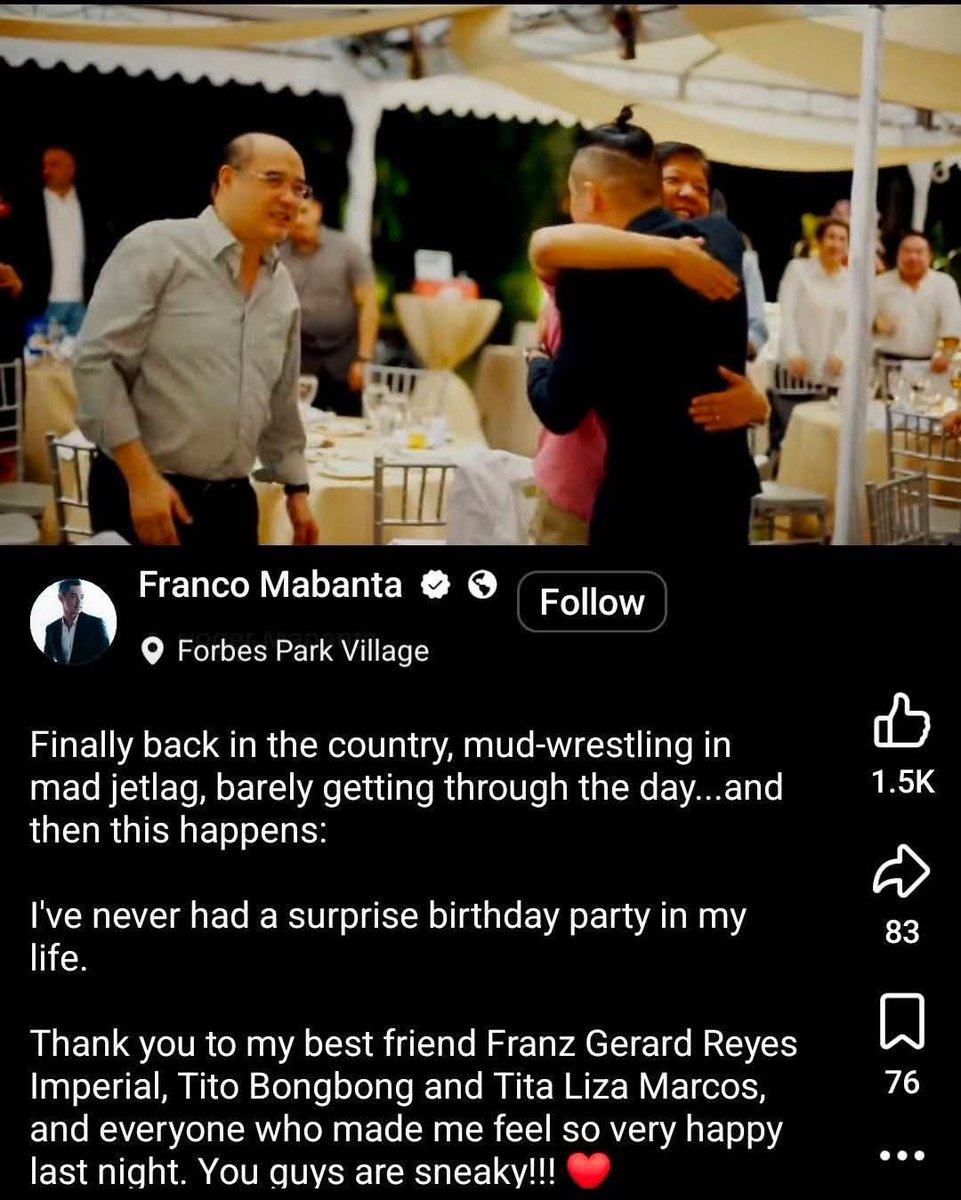 Ante Kler: Hindi sya  kaibigan ng pangulo. 

Eh ano ito? Surprise Birthday party para kay Franco sa mismong bahay ni vangag sa Forbes Park??? Hindi friend yan ante???? 😂